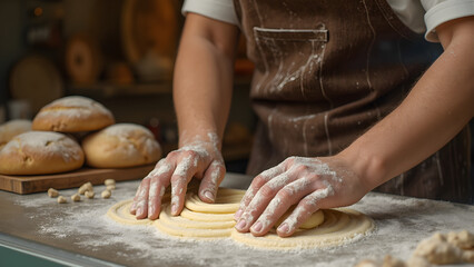 baking bread through a window. kneading dough techniques at a bakery. the art of artisan bread making. watch bread rise and bake in a bakery.