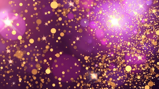 A magical, sparkling purple background filled with luminous golden dots and radiant star bursts creating an elegant holiday effect - Powered by Adobe