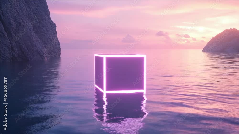 Poster pink cube floating in ocean at sunset. abstract digital art with reflections on water surface.