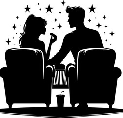Romantic couple enjoying movie night with popcorn on starry background. Couple watching a movie