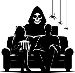 Couple watching horror movie with grim reaper and spiders in background, couple watching a movie   