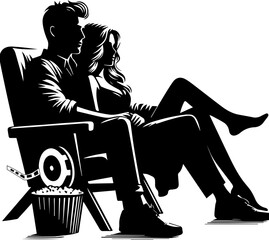 Couple sitting together in armchair enjoying movie night with popcorn , couple watching a movie