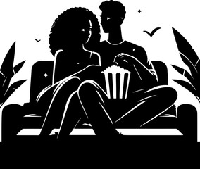 Young couple sitting on sofa sharing popcorn in cozy atmosphere. Couple watching a movie . 