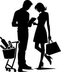 Couple shopping together with a cart and bags in silhouette, grocery listing   