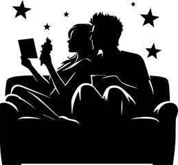Couple relaxing together on sofa while reading under stars .Couple watching a movie 