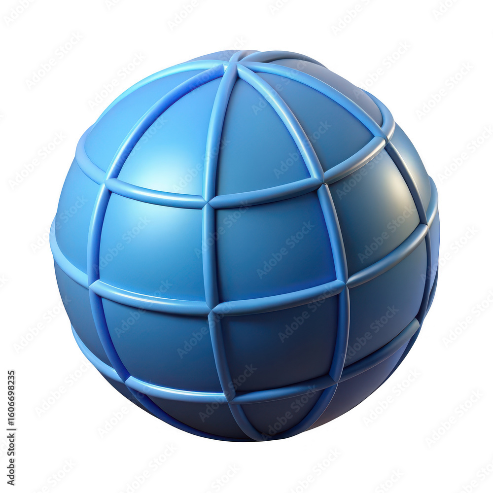 Poster a stylized blue sphere with a grid pattern representing global connectivity and digital networks iso