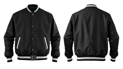 Black baseball bomber varsity jacket in front and back view, mockup isolated on transparent background