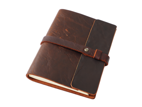 Vintage leather bound journal with strap isolated on transparent background