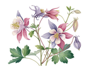 watercolor Columbine Branch vector illustration isolated on white background