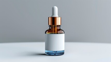 Amber bottle with white label & dropper on a neutral surface, clean, minimalistic style