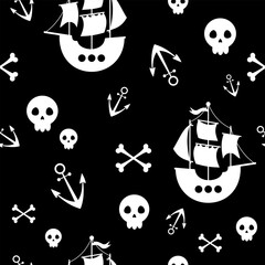 Black and white pirate seamless pattern. Ocean hand drawn vector background in silhouette style