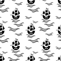 Obraz premium Black and white pirate ship seamless pattern. Ocean hand drawn vector background in silhouette style