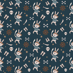 Pirate seamless pattern in pastel colors. Cute ocean, sea, nautical hand drawn vector background