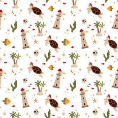 Ocean seamless pattern with pirate turtle, lighthouse, fish, palm, starfish, skull. Adorable sea vector background