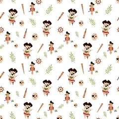 Pirate seamless pattern in pastel colors. Cute ocean, sea, nautical hand drawn vector background