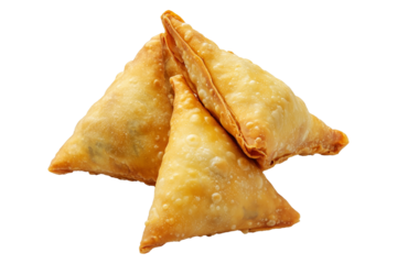 Golden brown crispy samosas isolated on white transparent background, traditional Indian snack concept with fried texture