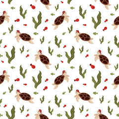 Ocean seamless pattern with pirate turtle, fish and seaweeds. Adorable sea animal vector illustration