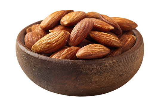 On transparent background a rustic wooden bowl is filled with a generous portion of whole raw almonds isolated