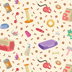 Seamless Pattern with Pet Supplies and Accessories