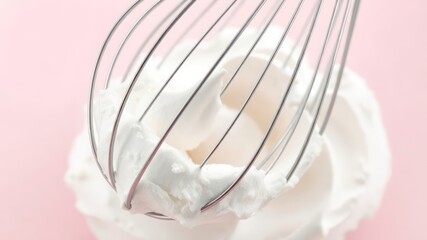 Whisk aerating cream on pink background, preparing dessert batter or frosting for cakes, pastries, and other sweet treats for special occasions