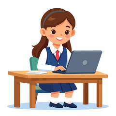 A smiling schoolgirl sits at her desk, working on a laptop computer.