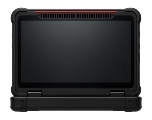 Rugged laptop with a fanless design and passive cooling vents for dusty conditions