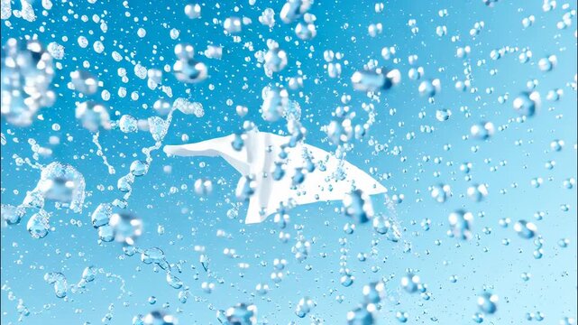 White t shirt floating amid dynamic splashes, water crisp cleanliness fabric highlighting against soft blue background video 4k