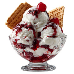 A tempting ice cream sundae with cherries, waffle, and chocolate drizzle on transparent background