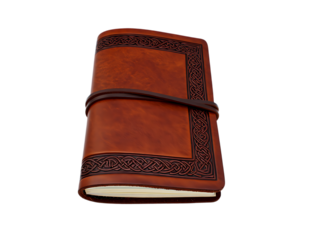 Rustic leather bound journal with decorative border isolated on transparent background