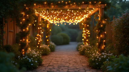 Twinkling fairy lights for garden paths. Rustic outdoor lighting ideas. Create a magical ambiance with string lights. Enhance your garden walkway with fairy lights.