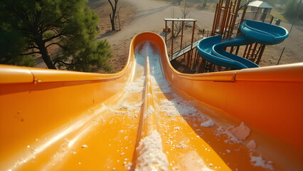 twisting slides playground design. ultra realistic playground equipment. bottom view of playground slides. kids playground safety features.
