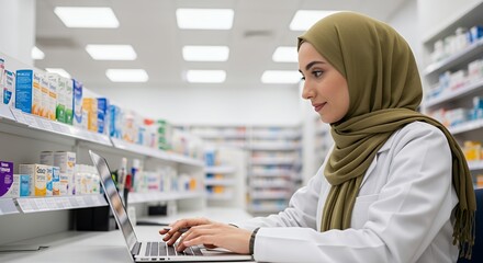 Pharmacist Using Laptop in Pharmacy