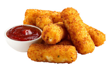 On transparent background crispy golden fried mozzarella cheese sticks are arranged with a white bowl of red
