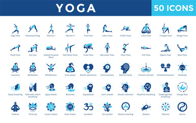 Yoga icons set with yoga pose, downward dog, warrior i, warrior ii, tree pose, cobra pose, child's pose, lotus pose, triangle pose, bridge pose icon. Simple flat vector 
