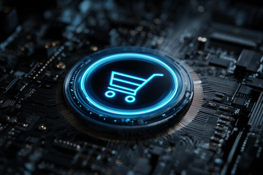 Close-up of a glowing blue shopping cart icon on a circuit board, representing digital commerce, online shopping, and technological innovation in e-business