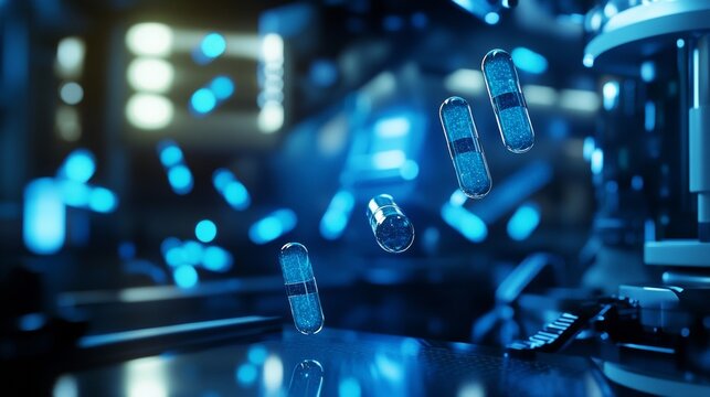 A futuristic lab scene with glowing capsules floating in mid-air next to advanced equipment solid dark tech background blending science innovation and modern healthcare