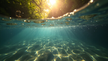 Underwater shots of freshwater streams. Sunlight patterns on water. Ultra realistic nature photography. Captivating aquatic visuals for relaxation.