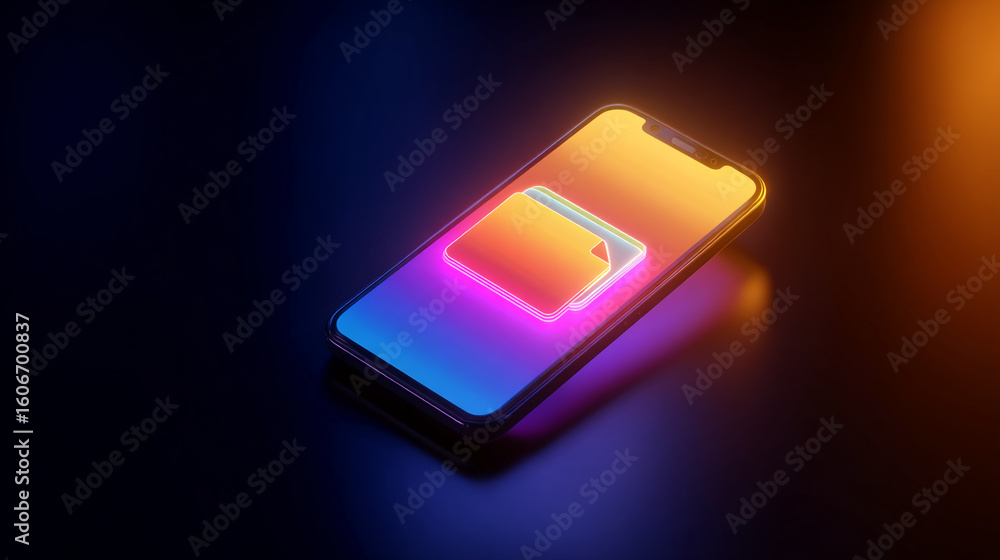Aufkleber smartphone mockup with neon folder icon on vibrant gradient screen, showcasing app interface design 
