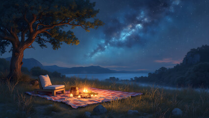 Painted sheets for night-time picnic decor. Create a nebula-inspired picnic atmosphere. Ultra-realistic space-themed blanket ideas. Transform your outdoor dining experience.