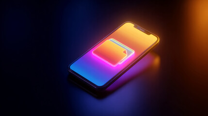 Smartphone mockup with neon folder icon on vibrant gradient screen, showcasing app interface design or data storage concept