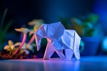 Origami Elephant in a Blue and Pink Lit Setting