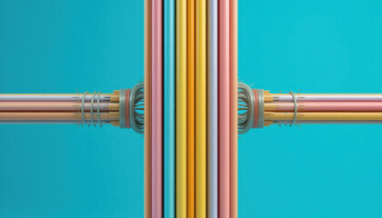 Vibrant abstract image features colorful vertical and horizontal lines intersecting against bright blue background, creating symmetrical and dynamic composition