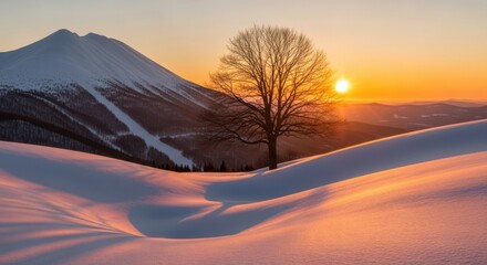 A lone tree stands silhouetted against a golden sunset over a snowcovered mountain landscape