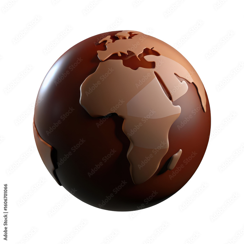 Poster a detailed 3d rendering of planet earth with continents depicted as glossy caramel on a rich chocola