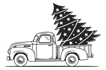 A vintage truck carrying a christmas tree on a white background