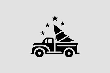 A vintage pickup truck is carrying a christmas tree home under a sky full of stars