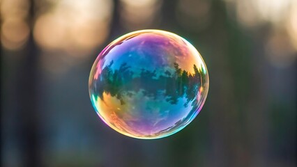 Rainbow soap bubble floating in softly blurred background