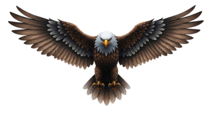 Majestic bald eagle with outstretched wings, showcasing impressive plumage and fierce gaze.