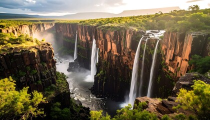 Fototapeta premium Majestic Waterfalls Flowing Into Rocky Canyon Landscape