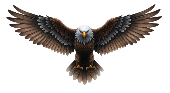 Majestic bald eagle with outstretched wings, showcasing impressive plumage and fierce gaze.